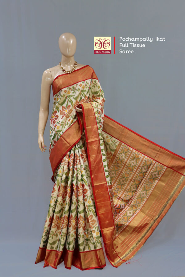 Pochampally Ikat Full Tissue Off White Saree
