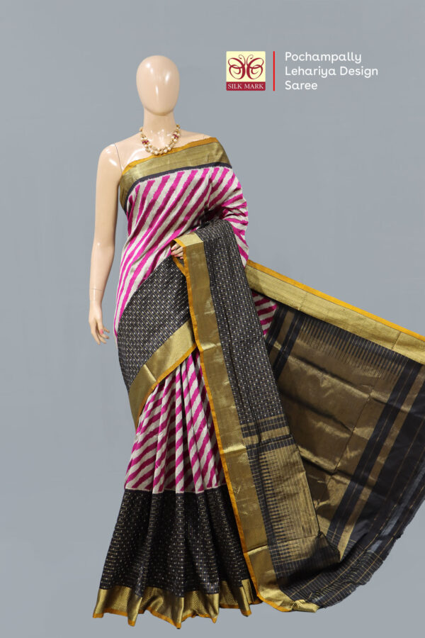 Pochampally Lehariya Design Gray And Pink Saree