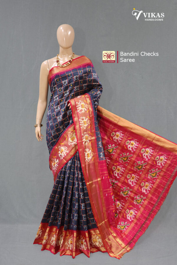 Pochampally Bandini Checks Steel Blue Saree