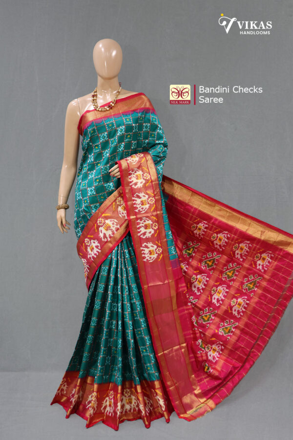 Pochampally Bandini Checks Teal Green Saree