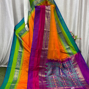 Pochampally Ikat Kanchi Border Orange Saree