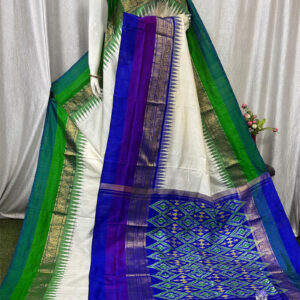 Pochampally Ikat Kanchi Border White And Blue Saree