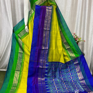 Pochampally Ikat Kanchi Border Yellow And Blue Saree