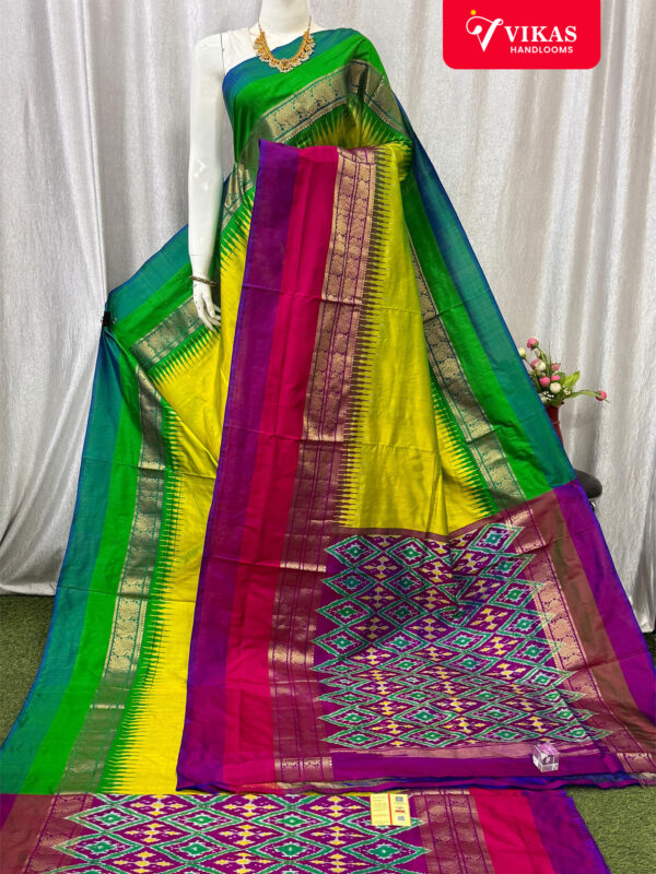 Pochampally Ikat Kanchi Border Yellow And Green Saree