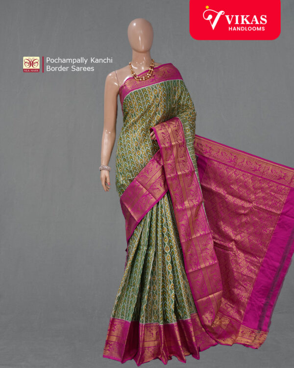 Pochampally Kanchi Border Olive Green And Pink Saree