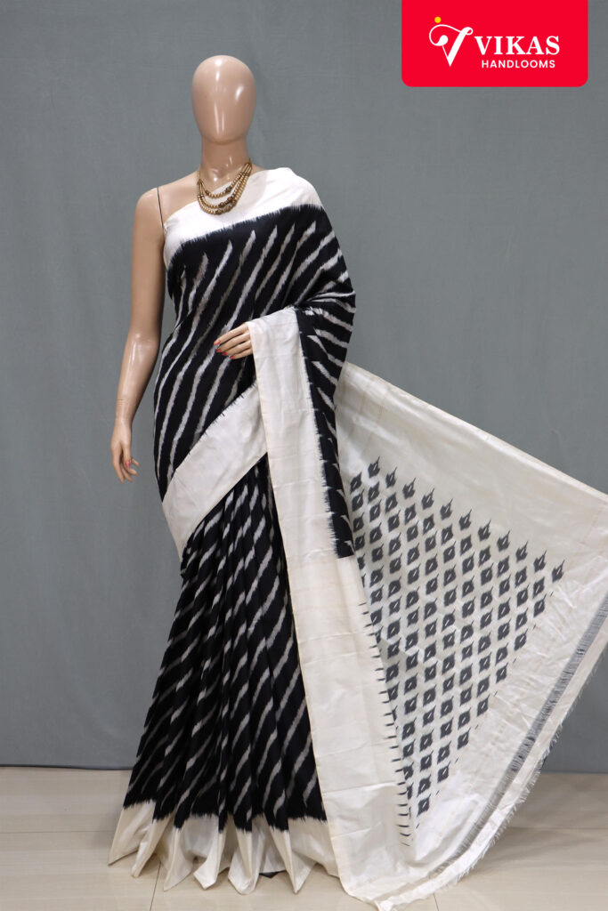 Black - Handspun Handloom Tussar Silk Pochampally Ikat Saree 01